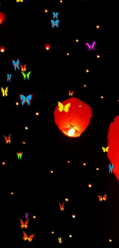 Red lanterns glowing brightly in the night sky, creating a festive ambiance.