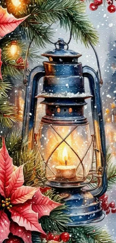 Vintage lantern with festive holiday decor and snow.