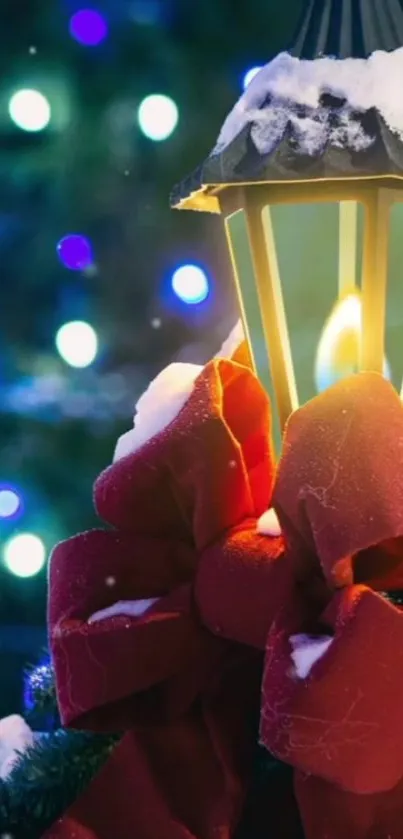 Festive lantern with red bows and lights in winter night scene.