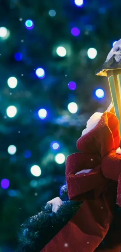 Festive lantern with red bow and blue lights.