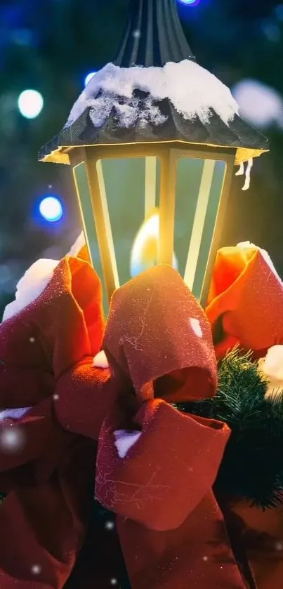 Festive lantern with red bow and glowing light against holiday colored backdrop.