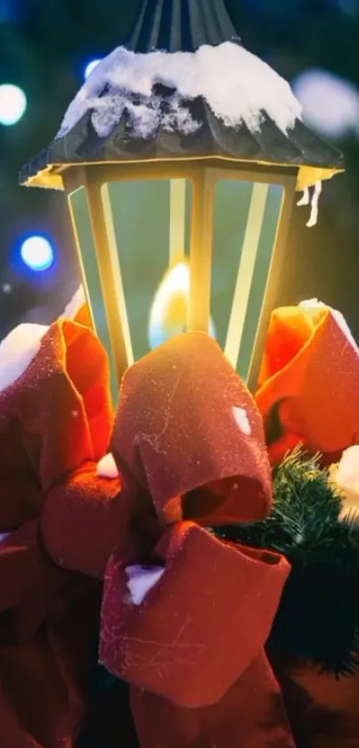 Festive lantern with red bows and snow.