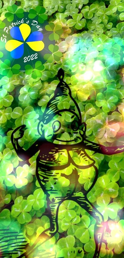 Vibrant St. Patrick's Day wallpaper with clover and leprechaun art.