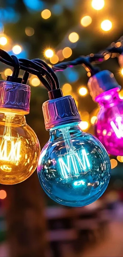 Colorful light bulbs glowing in the night.