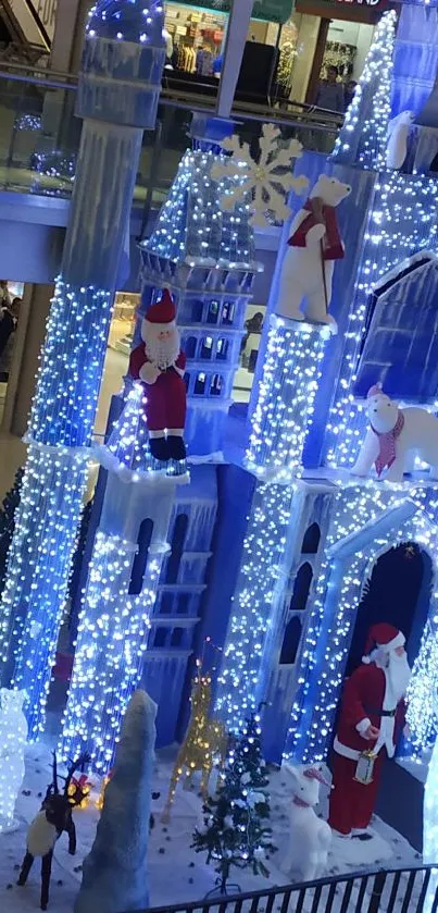 Festive blue castle with Santa and lights.