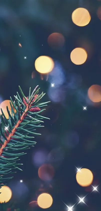 Festive bokeh lights with pine branch on a dark green background.