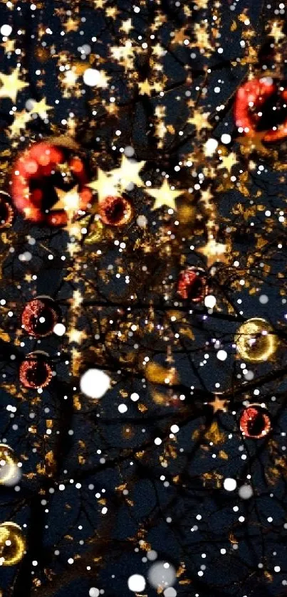 Enchanting festive lights with red and gold ornaments on a dark blue background.