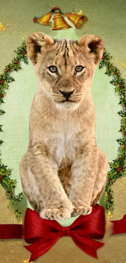 Festive wallpaper with lion cub centerpiece and holiday decor.