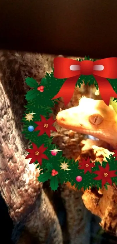 Festive lizard with a Christmas wreath on branches.