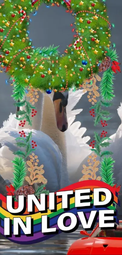 Swan with festive wreath and rainbow banner reading 'United in Love'.