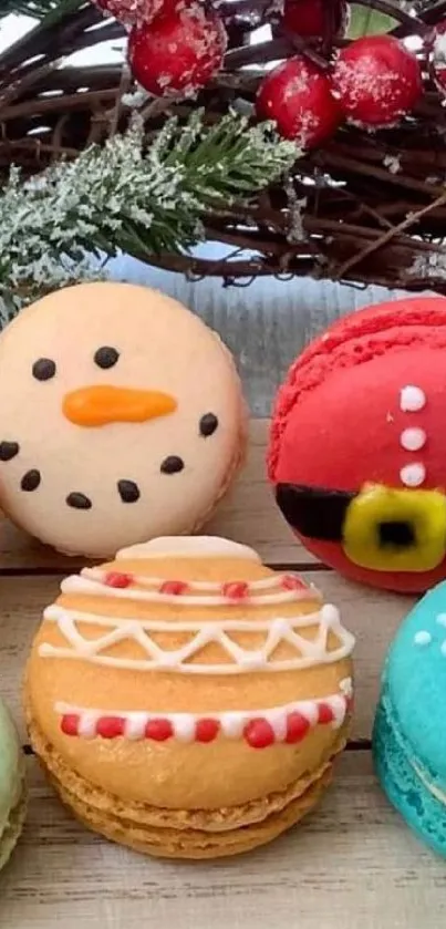 Festive macarons with holiday designs on display.