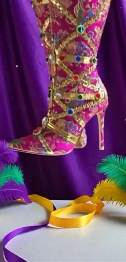 Colorful masks and vibrant pink boot on purple background.