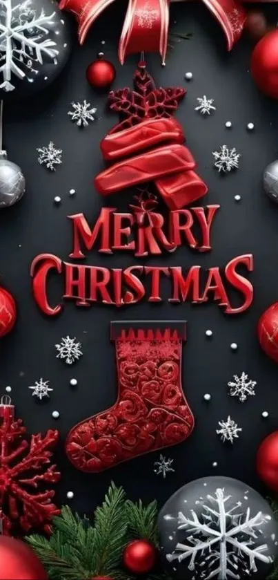 Festive Merry Christmas wallpaper with red ornaments and snowflakes.