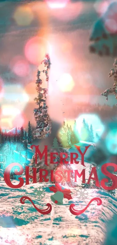Merry Christmas wallpaper with snowy landscape and festive bokeh lights.