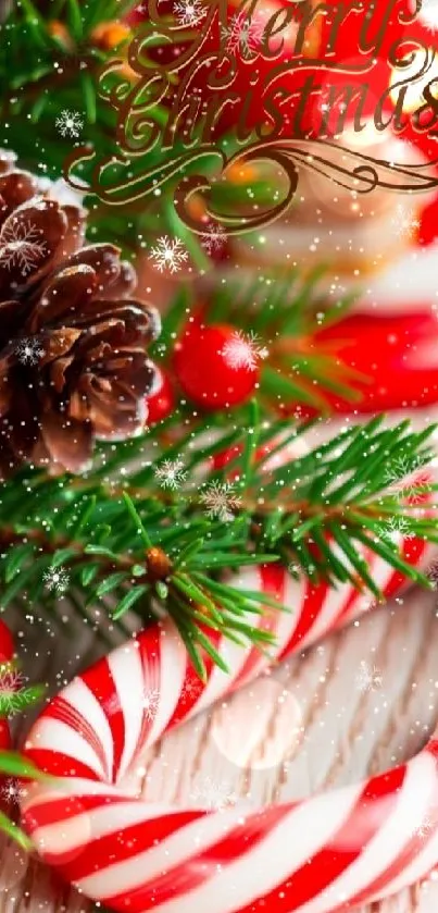 Festive Merry Christmas wallpaper with candy canes and pine cones.