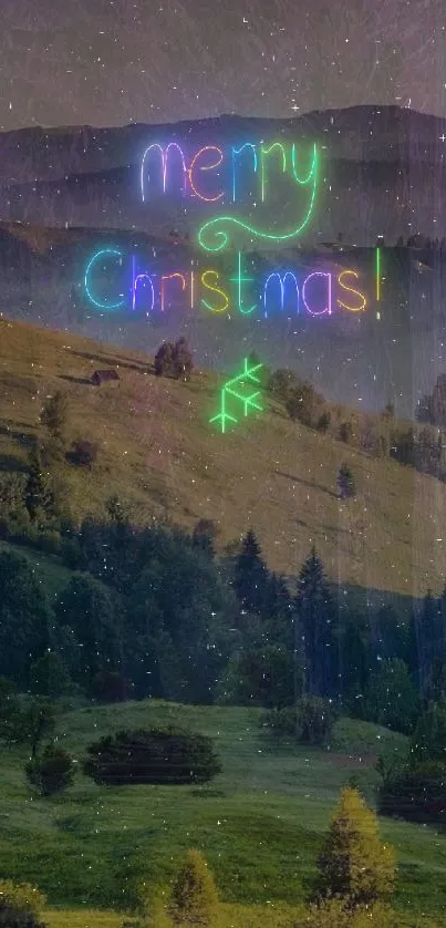 Merry Christmas neon text on a scenic mountain background with greenery and night sky.