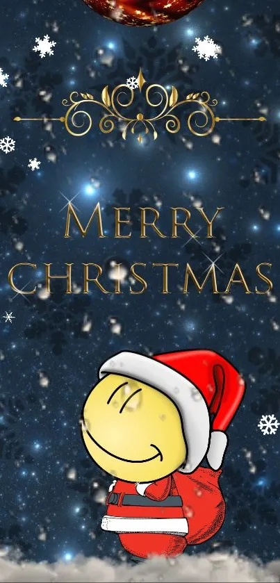 Festive Christmas wallpaper with Santa cartoon and snowflakes.