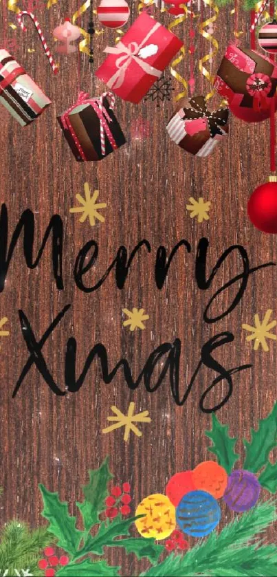 Merry Xmas festive phone wallpaper with wooden background and gifts.