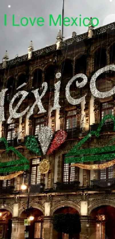 Vibrantly decorated historic Mexican building with festive lights at night.