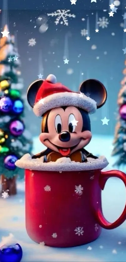 Mickey Mouse in a red mug with Christmas decor.