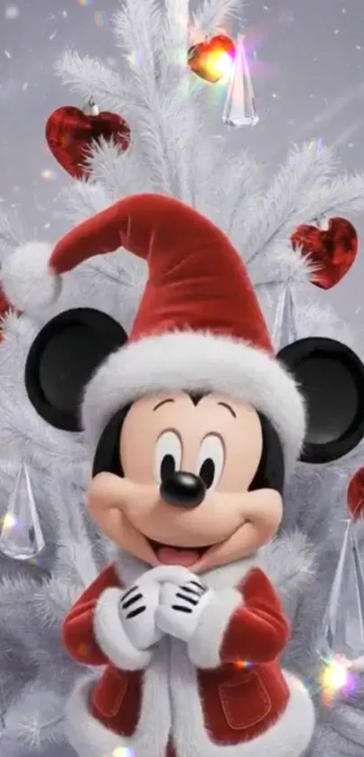 Mickey Mouse in Santa outfit with white Christmas tree.