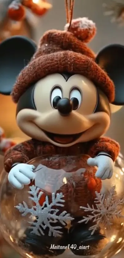 Mickey Mouse in a festive Christmas ornament with snowflakes.