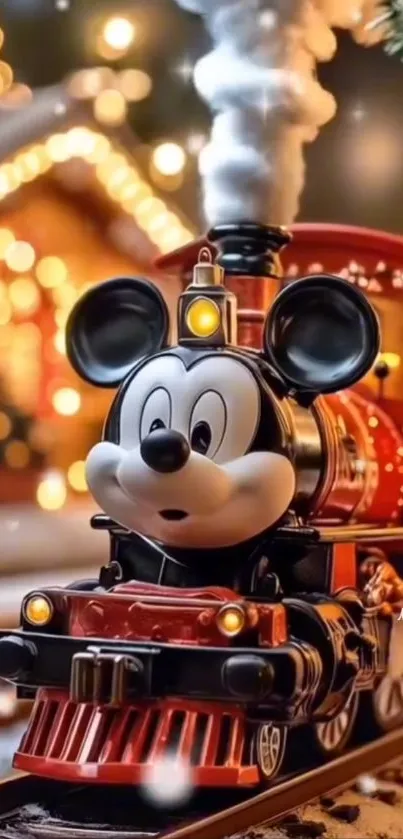 Mickey Mouse train in festive holiday setting.