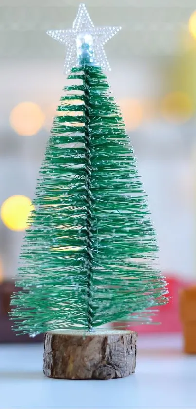 Mini Christmas tree with star topper and bokeh lights.