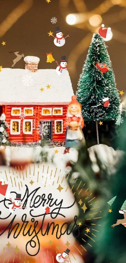 Cozy Christmas scene with a red house and decorations.