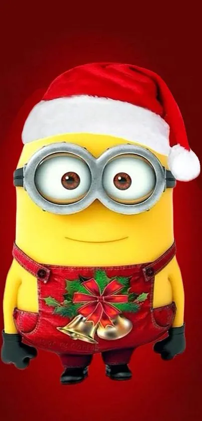 Festive Minion wearing Santa hat on red background.