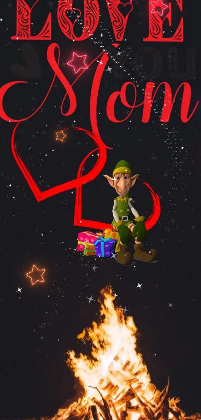 Vibrant wallpaper with elf, campfire, and loving mom message.