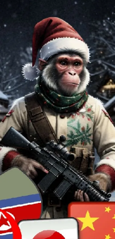 A monkey in Santa attire holding a rifle surrounded by flags.