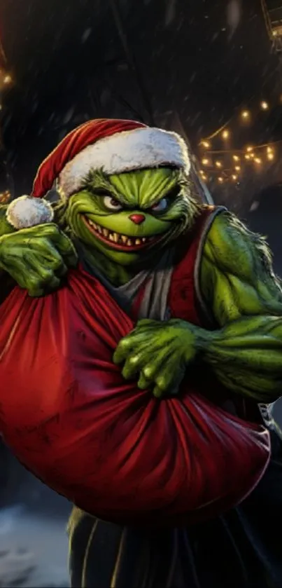 Grinch in a Santa hat holding a bag against a festive night scene.