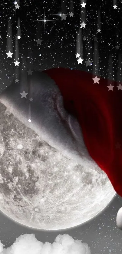 Moon wearing Santa hat against starry sky.
