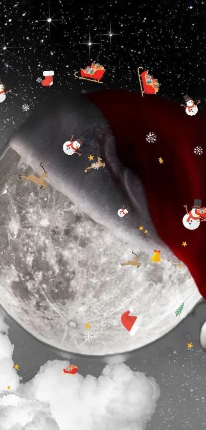 Christmas themed wallpaper with moon and Santa hat.