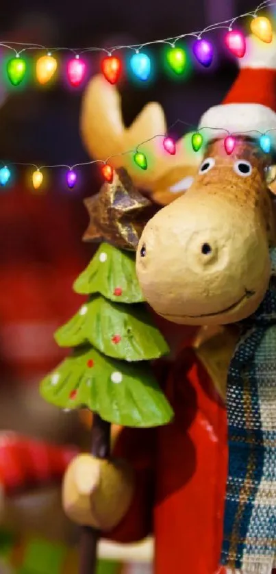 Festive moose with lights, holiday wallpaper.