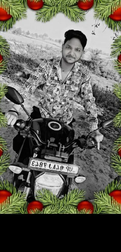 Festive framed black and white motorcycle portrait.