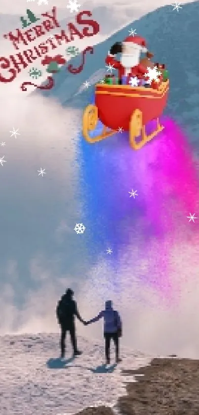 Festive scene with Santa flying over snowy mountains at Christmas.