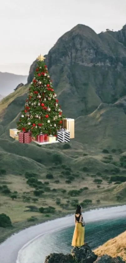 Christmas tree on mountain landscape with gifts and viewer.