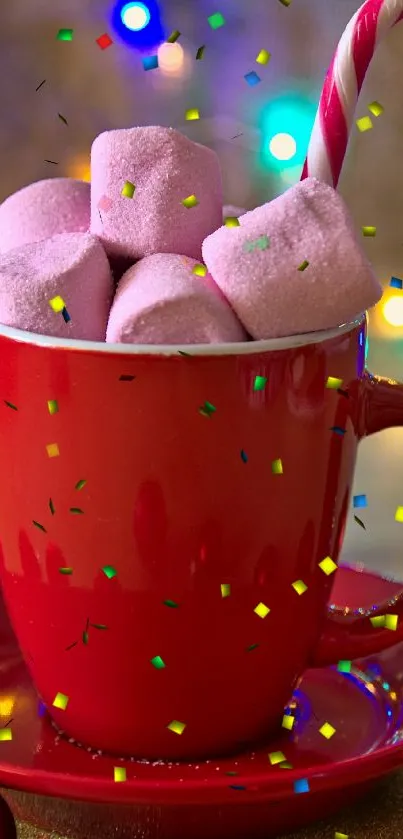 Festive red mug with marshmallows and Christmas lights.