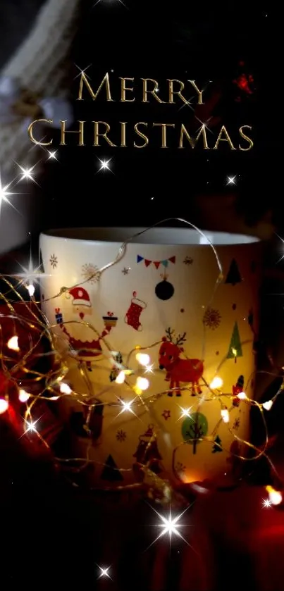 Festive Christmas mug with lights and decorations on holiday background.