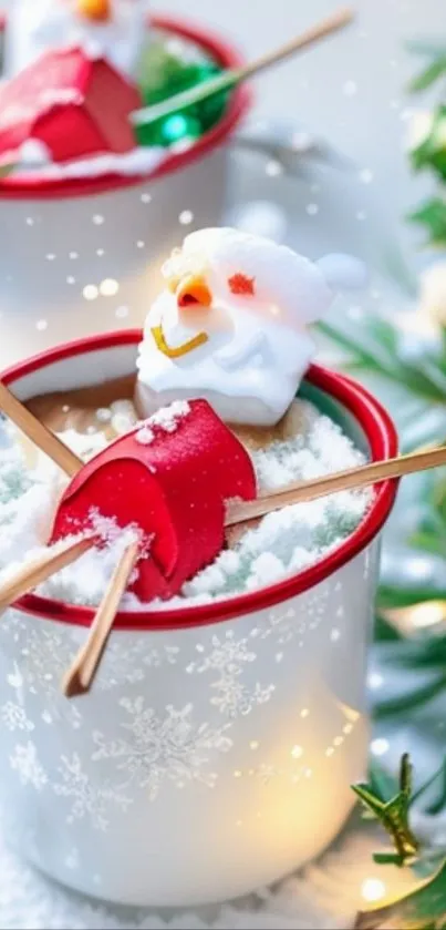Festive mug with marshmallow snowmen and winter decorations.