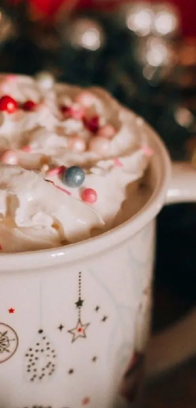 Festive mug topped with whipped cream and colorful sprinkles.