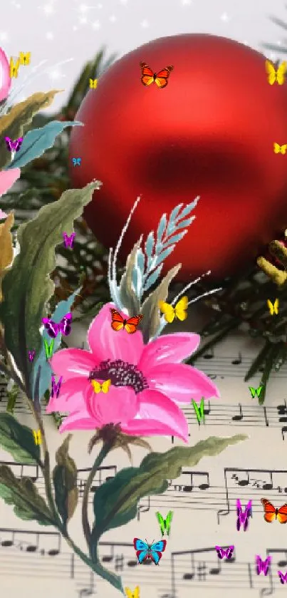 Festive Christmas wallpaper with red ornament, pink flowers, and music sheet.