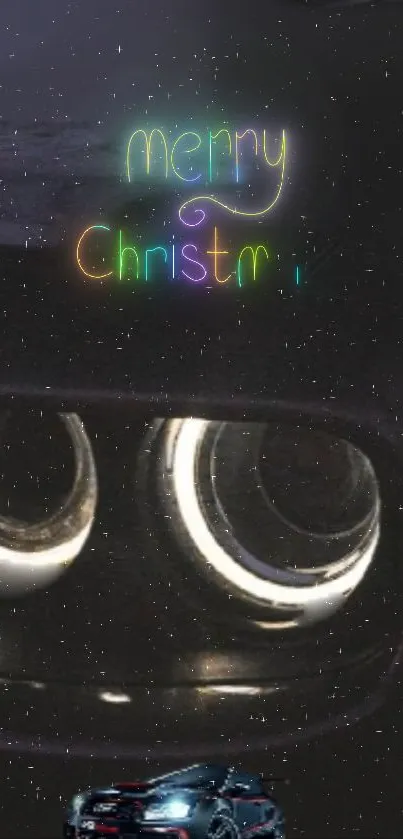 A neon 'Merry Christmas' car wallpaper with vibrant colors and a dark aesthetic.