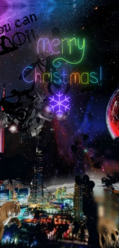 Neon Merry Christmas wallpaper with city and galaxy backdrop.