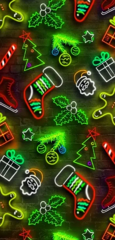 Neon Christmas icons wallpaper with holiday decor on dark background.