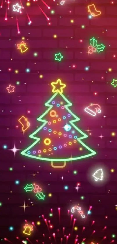 Neon Christmas tree with festive lights on purple brick background.