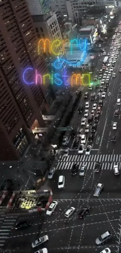 Neon Christmas cityscape with vibrant street scene.