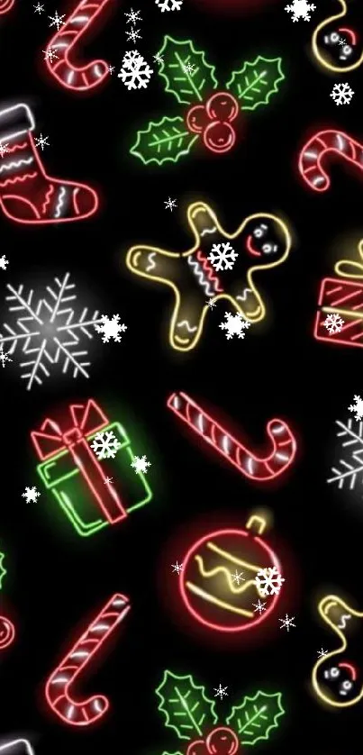 Neon Christmas wallpaper with candy canes, gifts, and festive motifs.